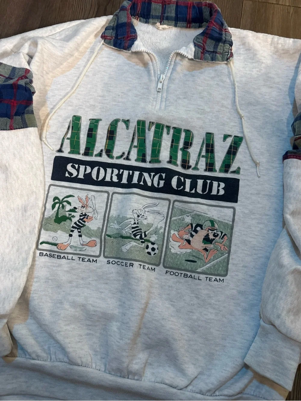 Vintage 80s Alcatraz Sporting Club Looney Tunes Plaid Sweatshirt XL Made In USA